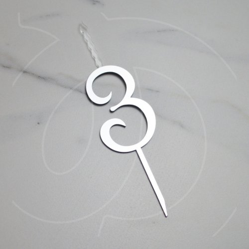 Свеча-топпер декоративная акриловая Цифра "3" Серебро 
